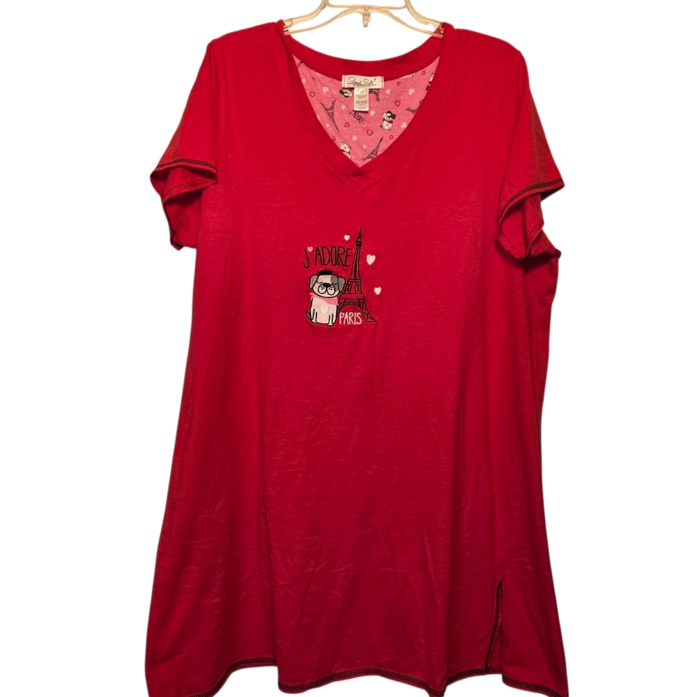 Rene Rofe Red Sleepshirt Gown Bulldog J'Adore Paris Eiffel Tower Embroidery 2X